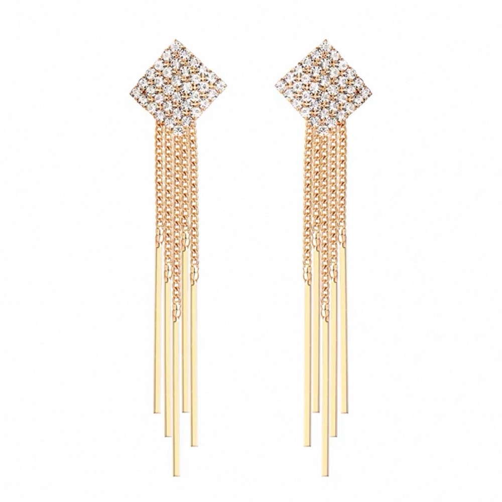 Gold-tone Crystal Tassel Drop Earrings - Clip on style